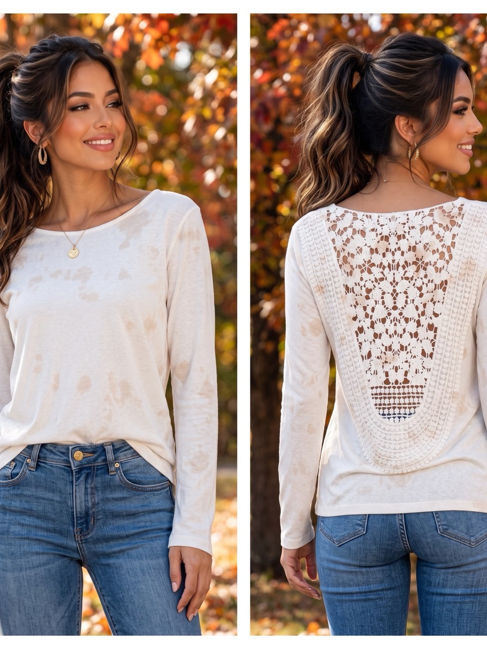 B814. Boho Chic Crochet Back Long Sleeve Tye Dye Top